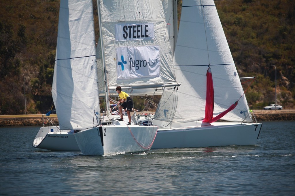 Having dropped clear astern of Thomas, Steele cleared his penalty and charged off with a handy lead. - Warren Jones International Youth Match Racing Regatta 2013 © Bernie Kaaks